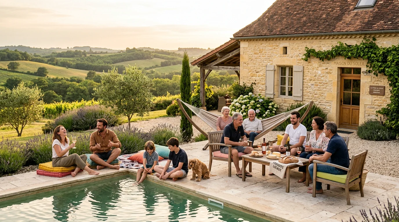 Grand gîte en pierre en Dordogne accueillant un groupe de dix personnes au bord de la piscine