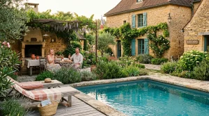 Cour d'un gîte en pierre du Périgord Noir avec piscine et terrasse en été