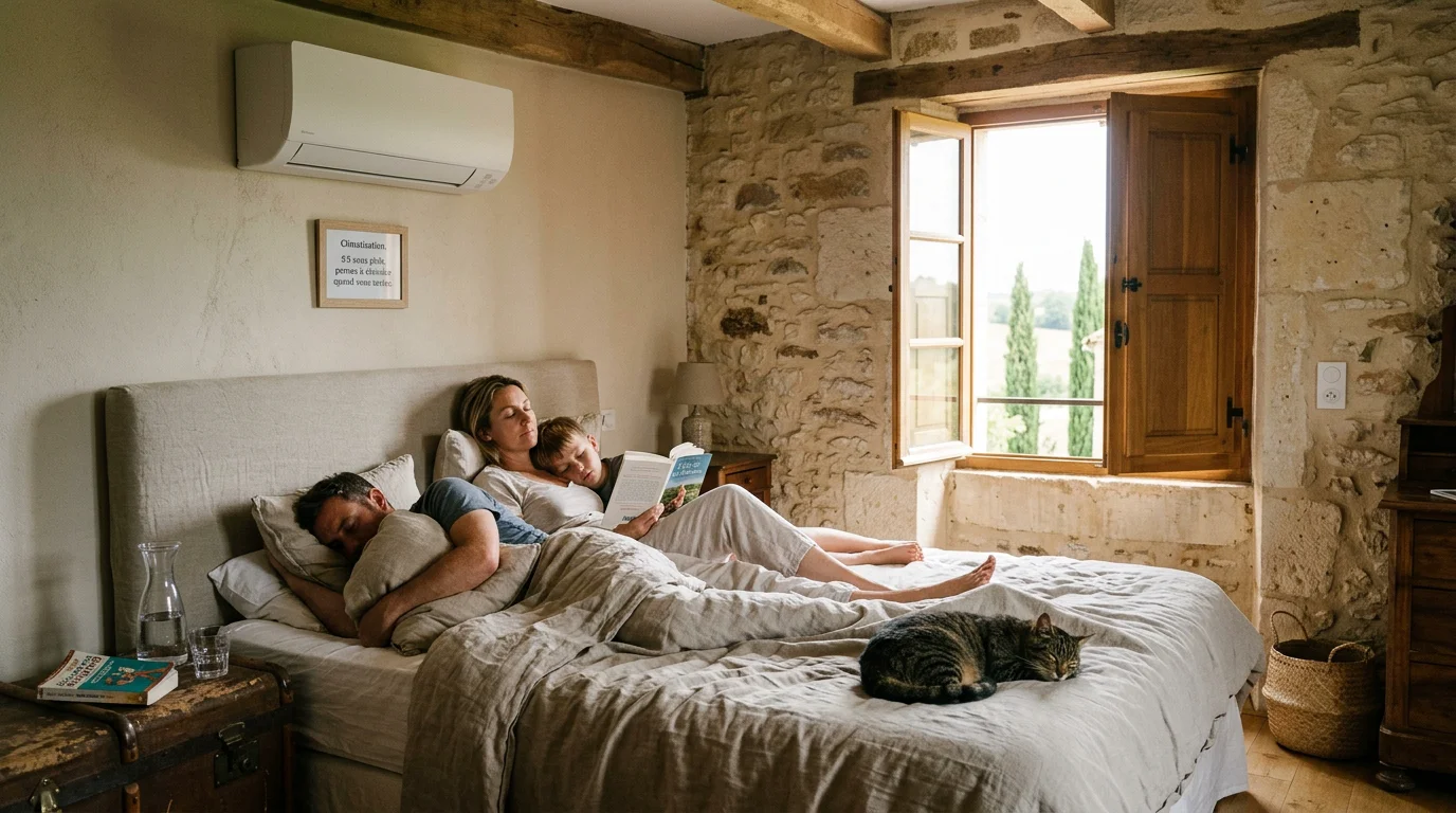 Intérieur frais d'un gîte climatisé en pierre du Périgord en plein été