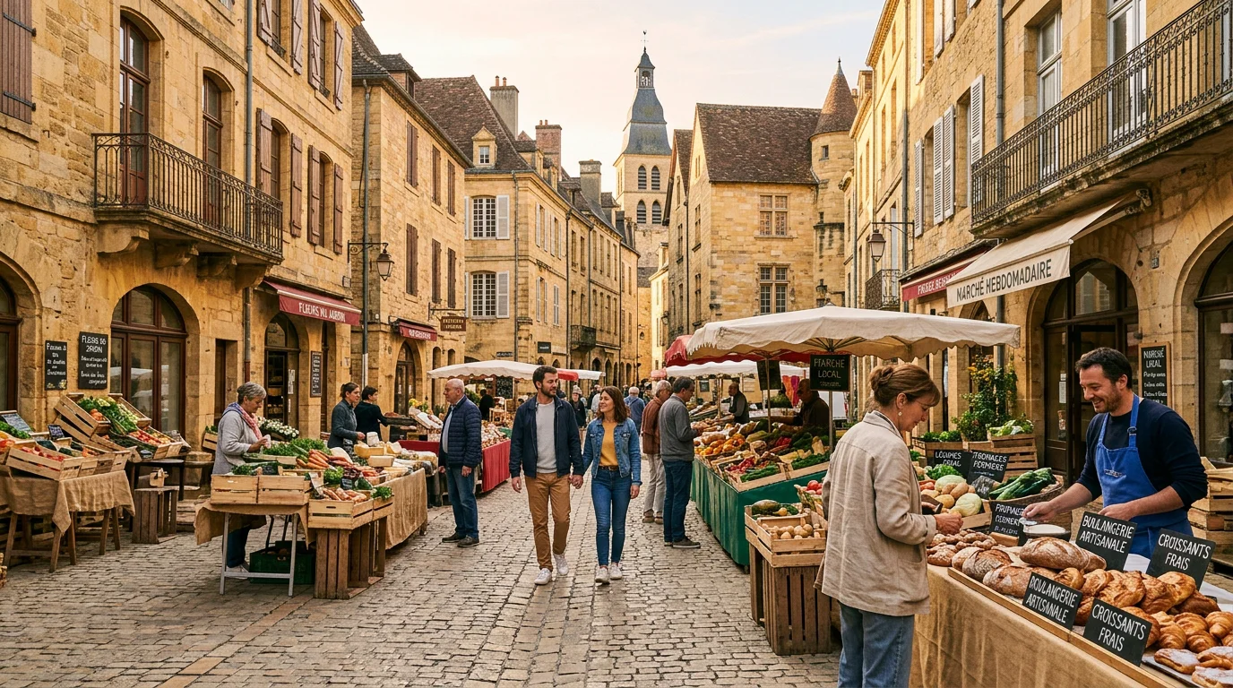 Marché matinal dans un village médiéval en pierre dorée du Périgord Noir