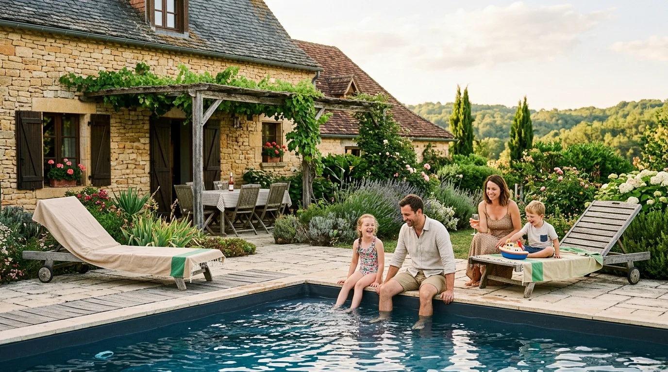 Gîte en pierre avec piscine en Dordogne pour une famille de quatre personnes