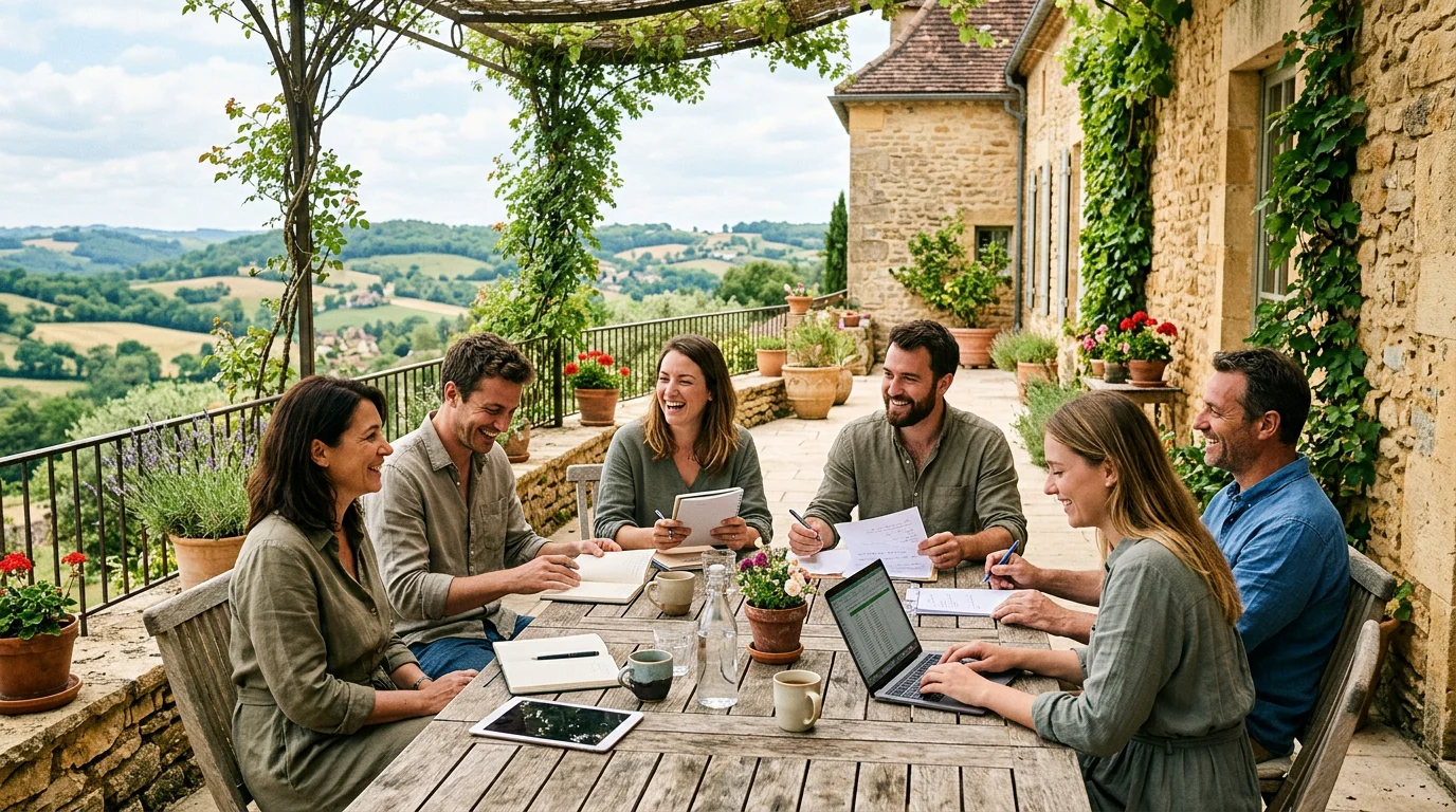 Équipe en séminaire d'entreprise sur la terrasse d'un gîte en Dordogne