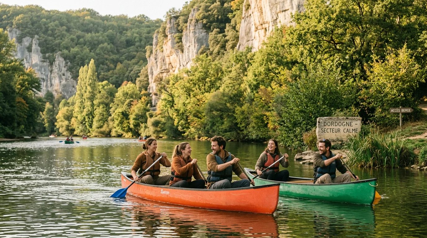 Collègues en canoë sur une rivière de Dordogne lors d'un séminaire