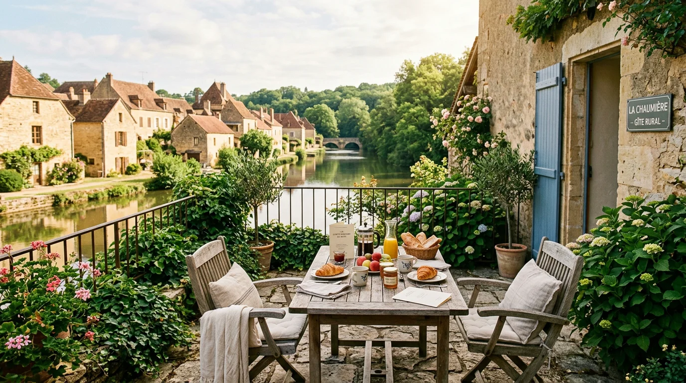 Village médiéval du Périgord au bord de la rivière avec pont ancien et abbaye