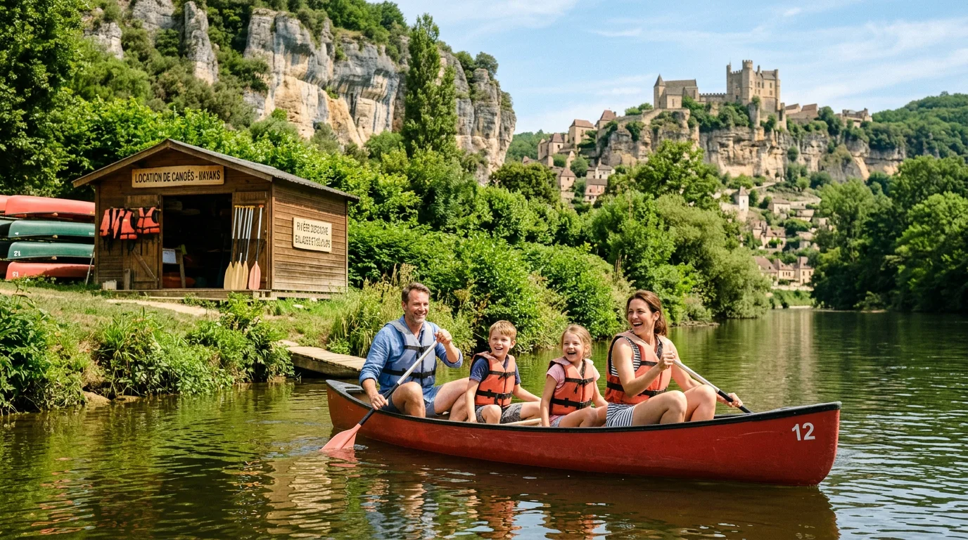 Famille en canoë sur une rivière du Périgord pendant les vacances