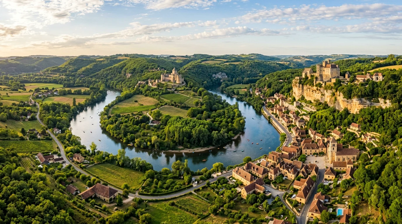 Vue de la vallée de la Dordogne avec un village de pierre et un château perché
