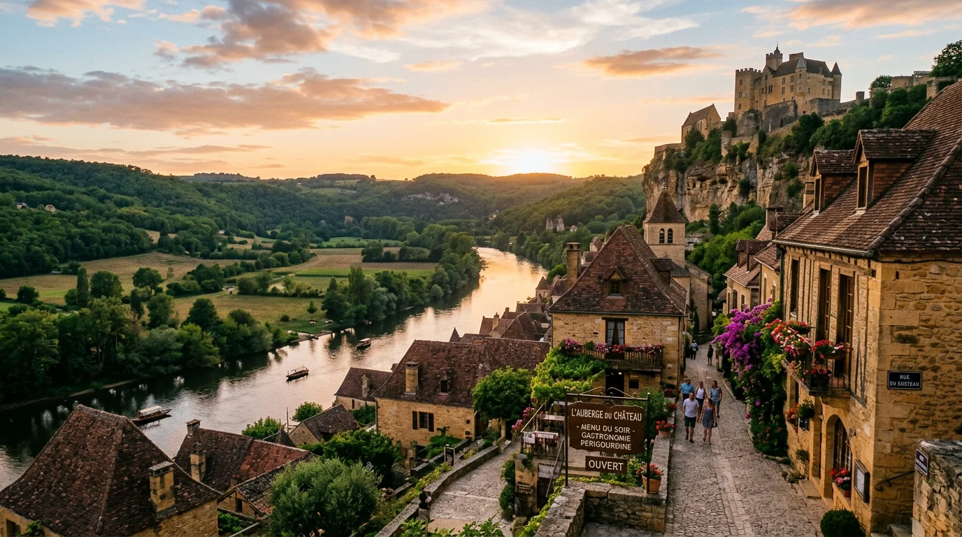 Village de pierre dorée du Périgord Noir au coucher du soleil avec un château perché