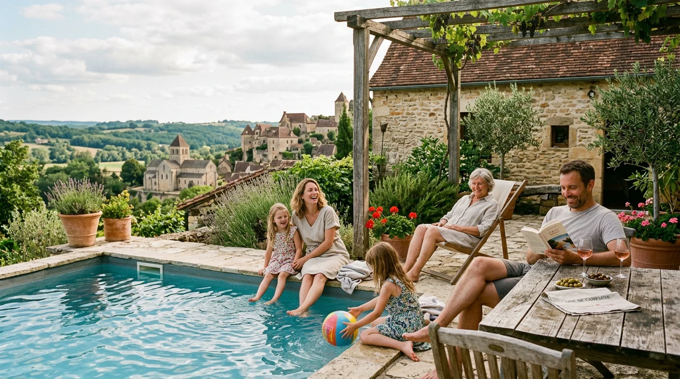 Famille profitant d'une piscine au sel devant un gîte de campagne en Dordogne