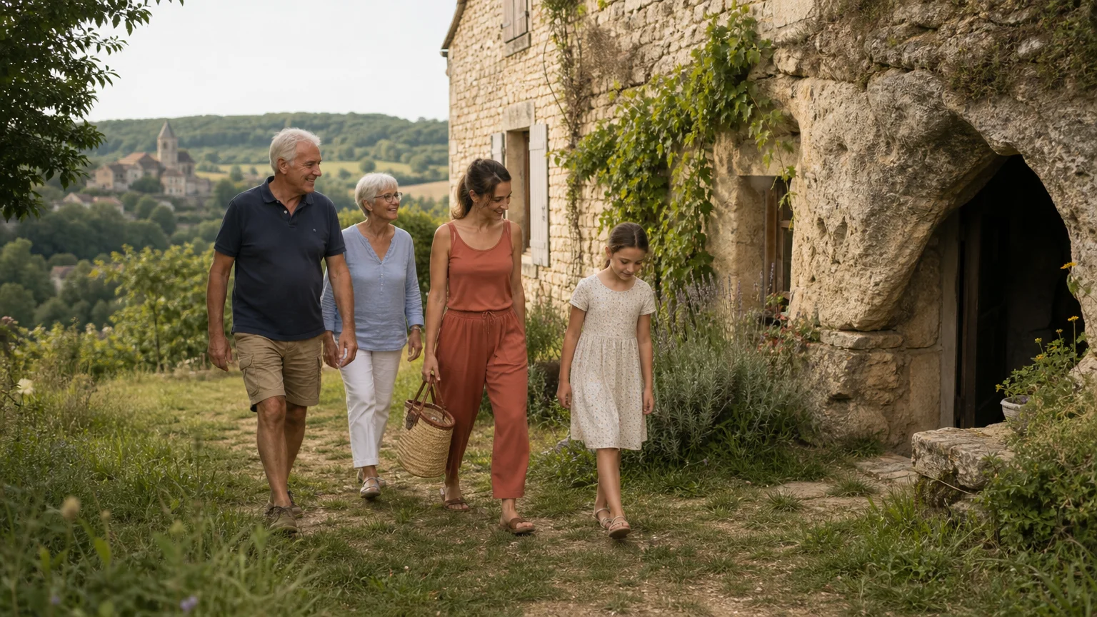 Famille devant une maison en pierre près de Badefols-sur-Dordogne