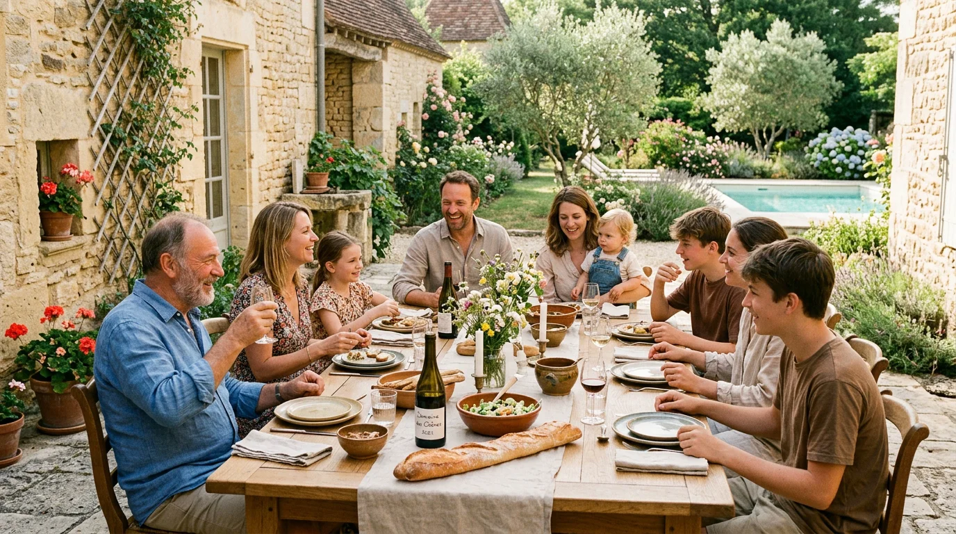 Groupe de dix personnes partageant un repas dans la cour d'un gîte en pierre en Dordogne