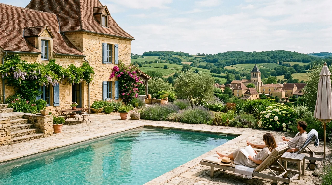 Piscine au sel devant une maison en pierre rénovée avec vue sur un clocher en Dordogne