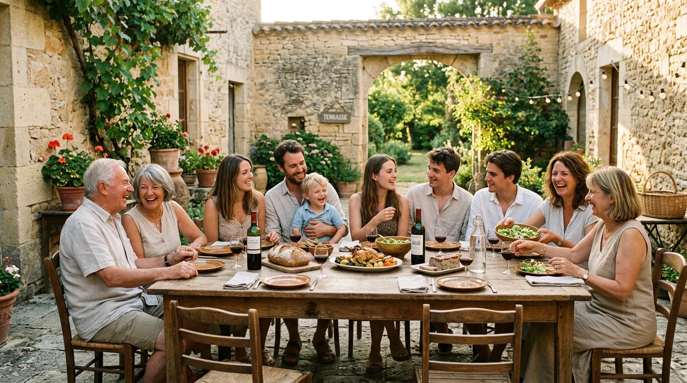 Groupe de dix personnes partageant un repas convivial dans une cour en pierre du Périgord