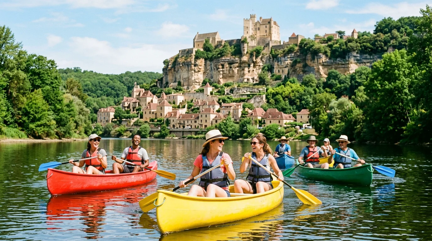 Groupe en canoë sur la Dordogne avec un village médiéval en arrière-plan