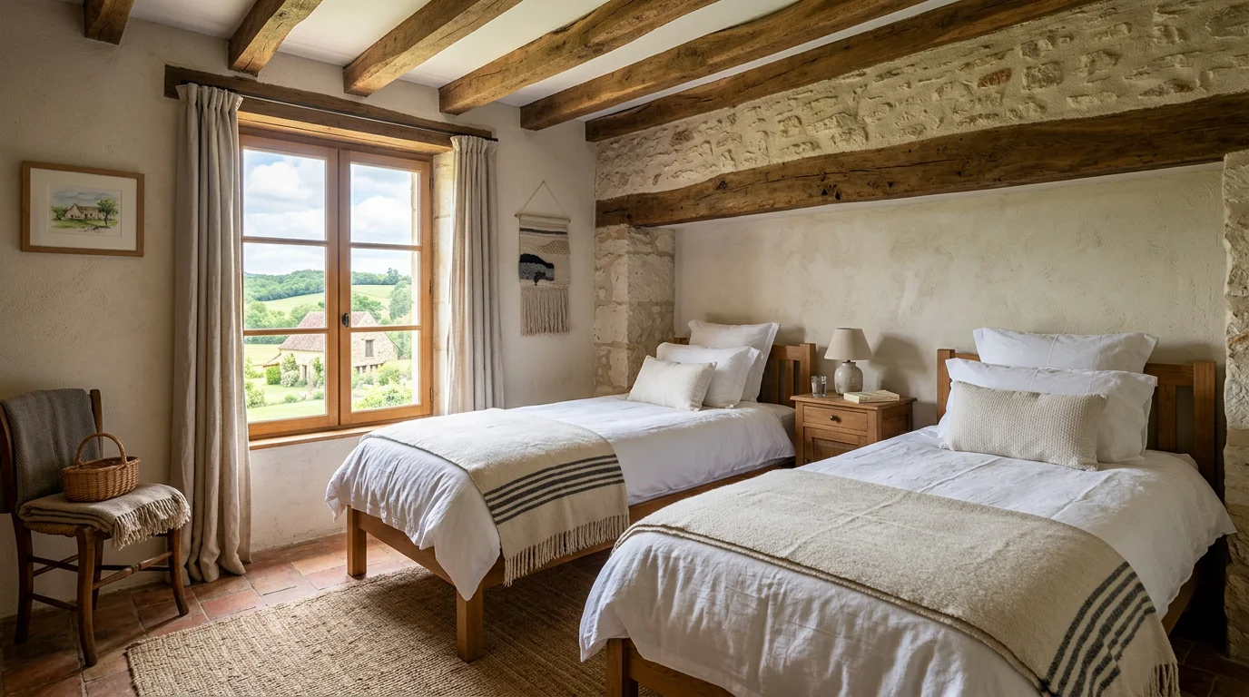 Chambre d'un gîte préparée pour loger les invités d'un mariage