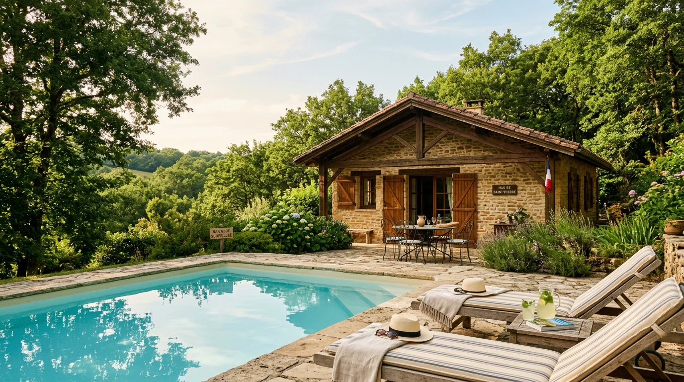 Chalet en bois avec piscine entouré d'arbres dans la campagne du Périgord