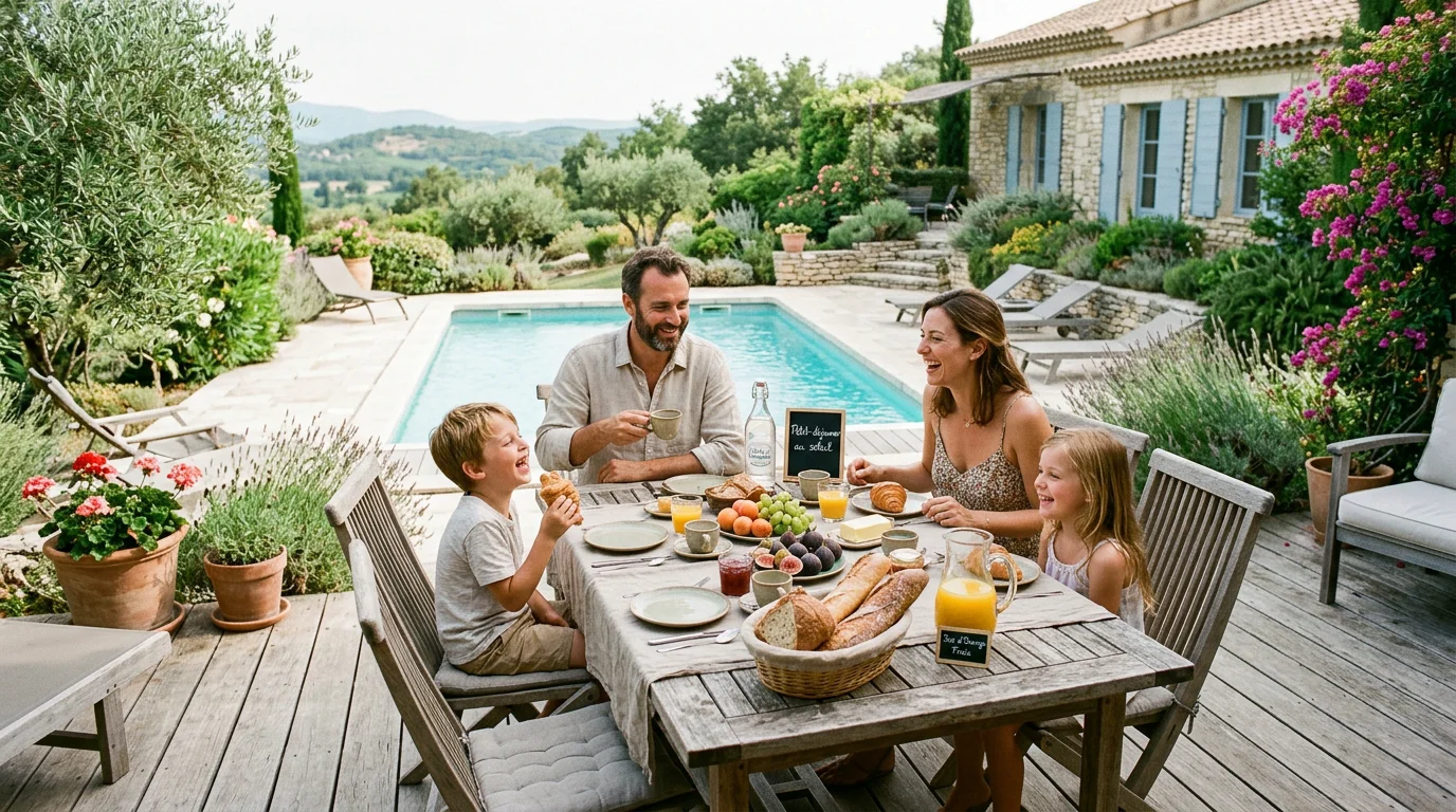 Famille profitant d'une terrasse avec piscine dans un hébergement de vacances en Dordogne