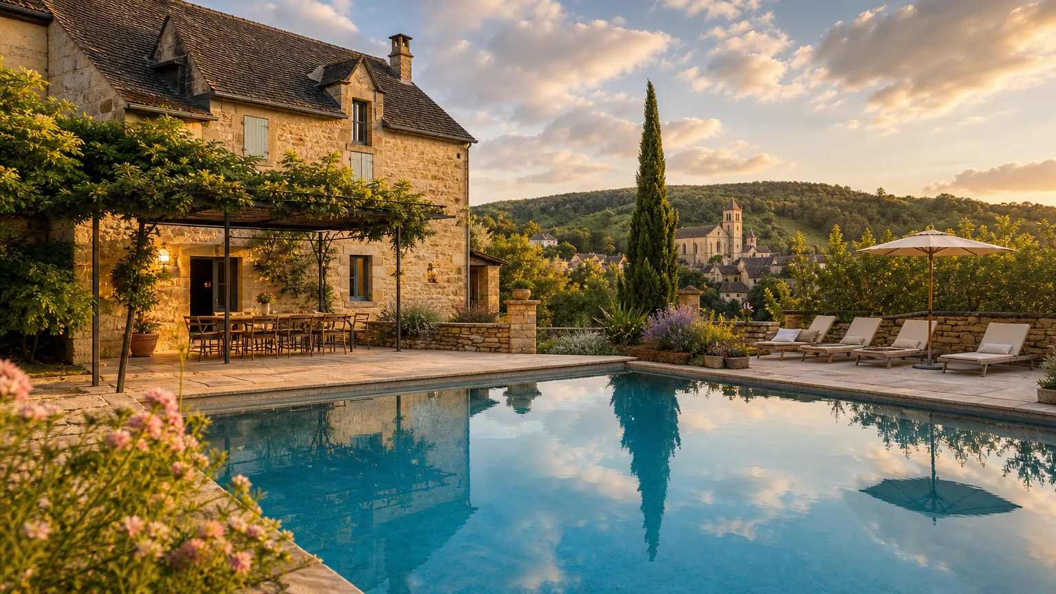Gîte en pierre du Périgord Noir avec piscine et abbatiale en arrière-plan