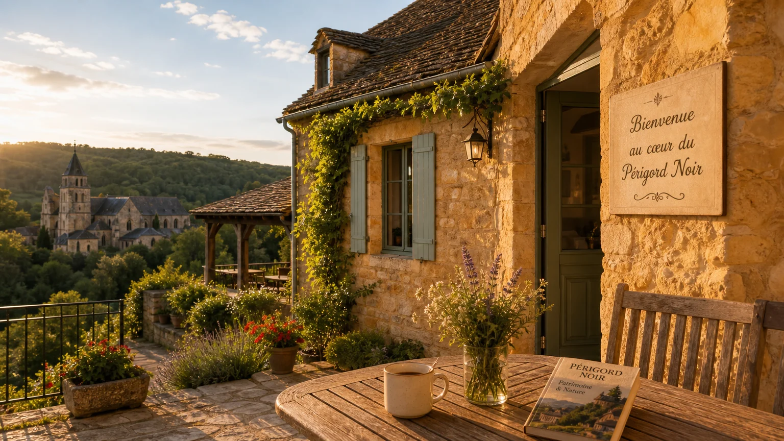 Gîte en pierre du Périgord au coucher du soleil avec terrasse et collines verdoyantes