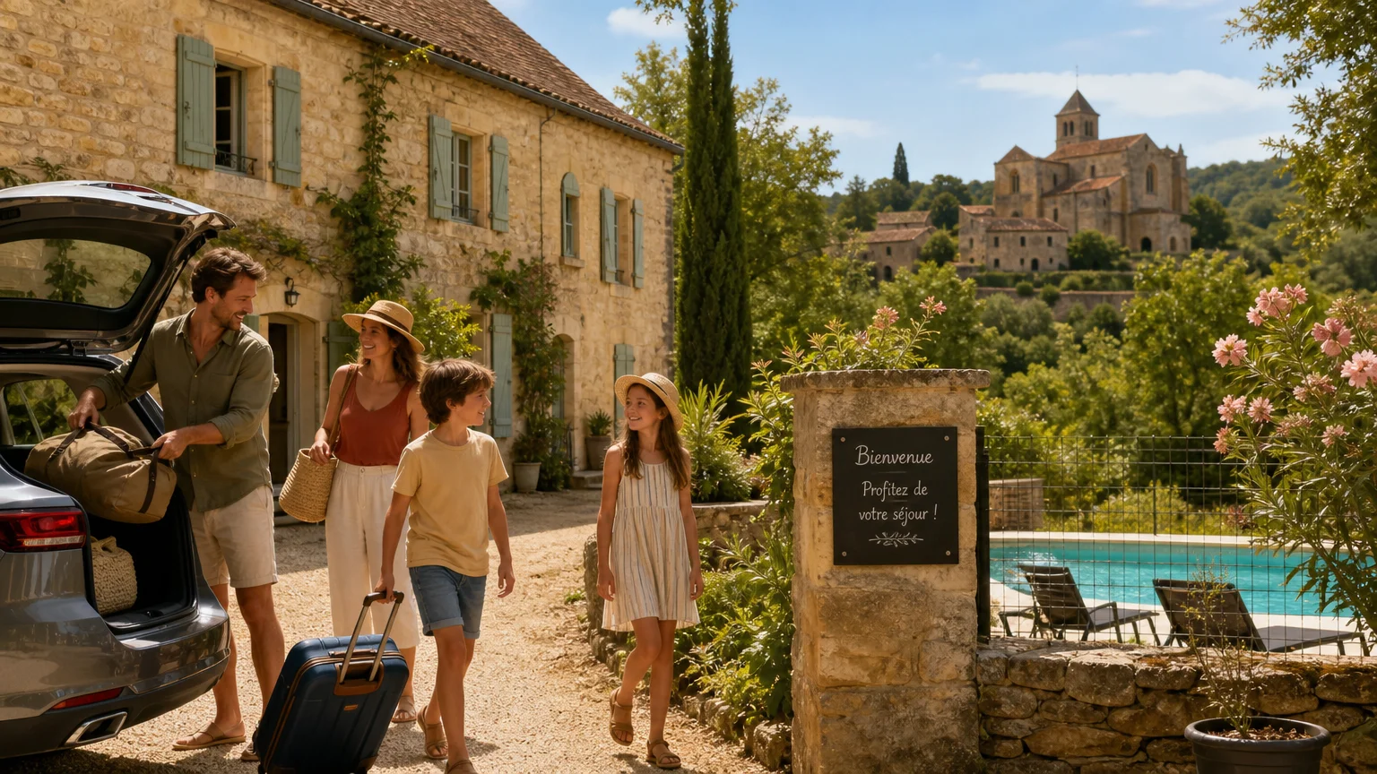 Famille arrivant en vacances devant un gîte avec piscine en Dordogne