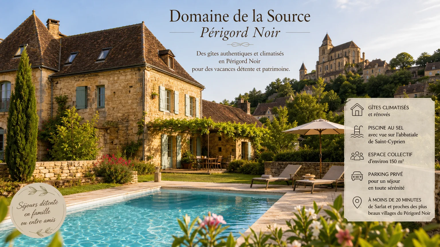 Gîte en pierre du Périgord avec piscine et jardin sous le soleil d'été
