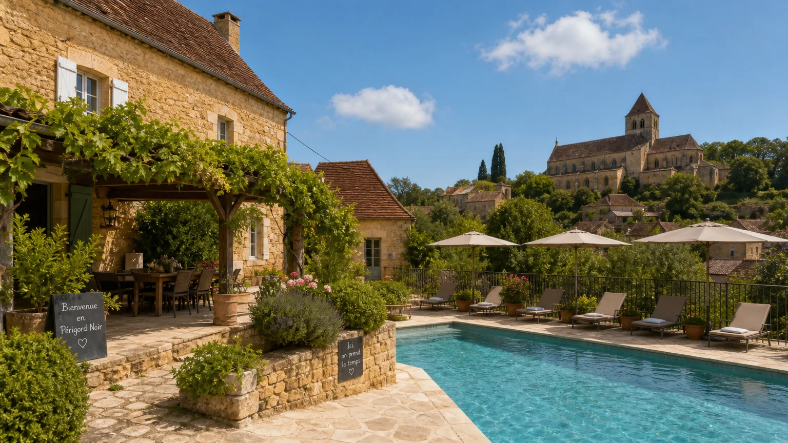Gîte en pierre dorée au cœur du Périgord Noir sous un ciel d'été