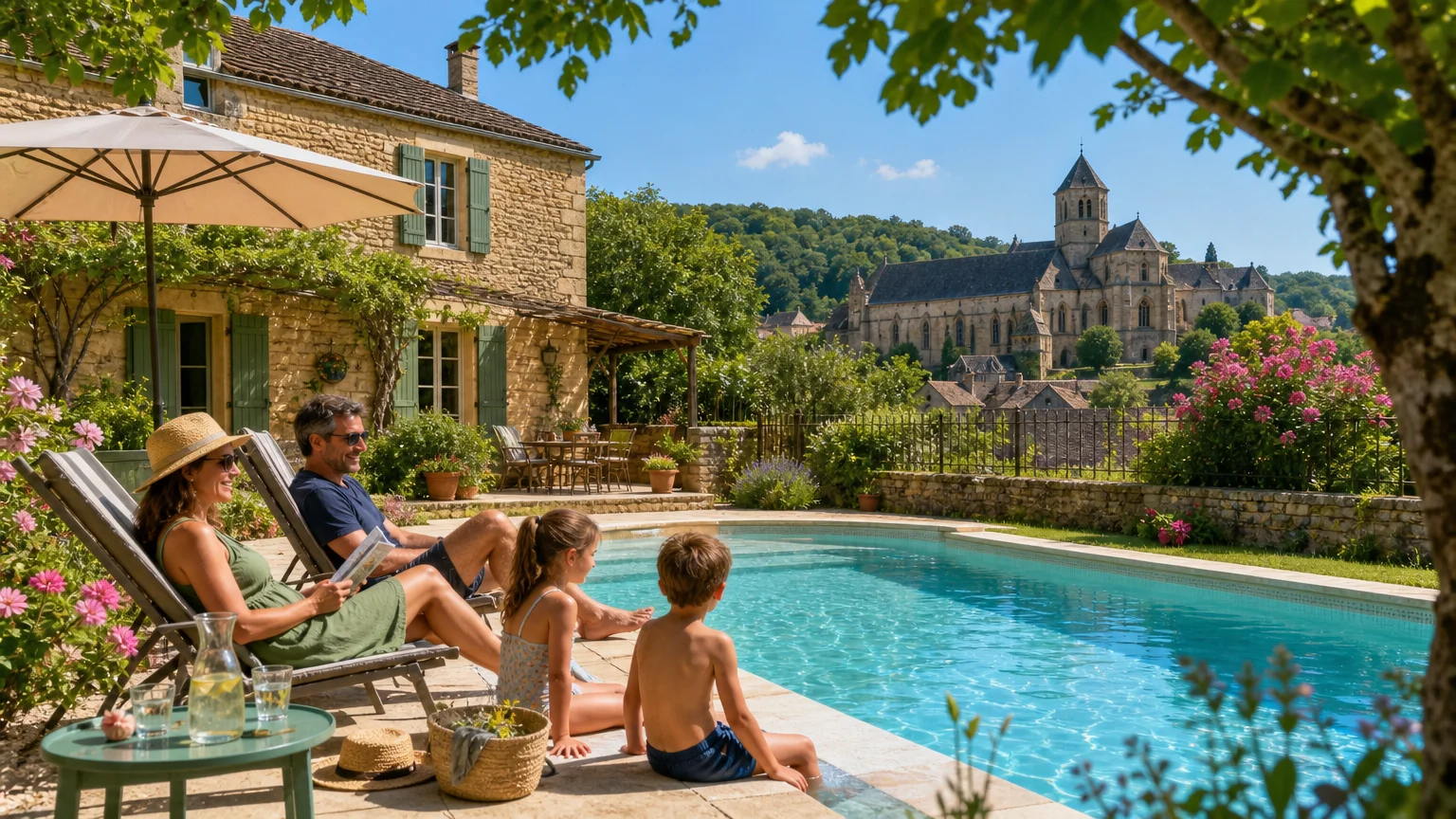 Famille détendue autour d'une piscine au sel devant un gîte en pierre
