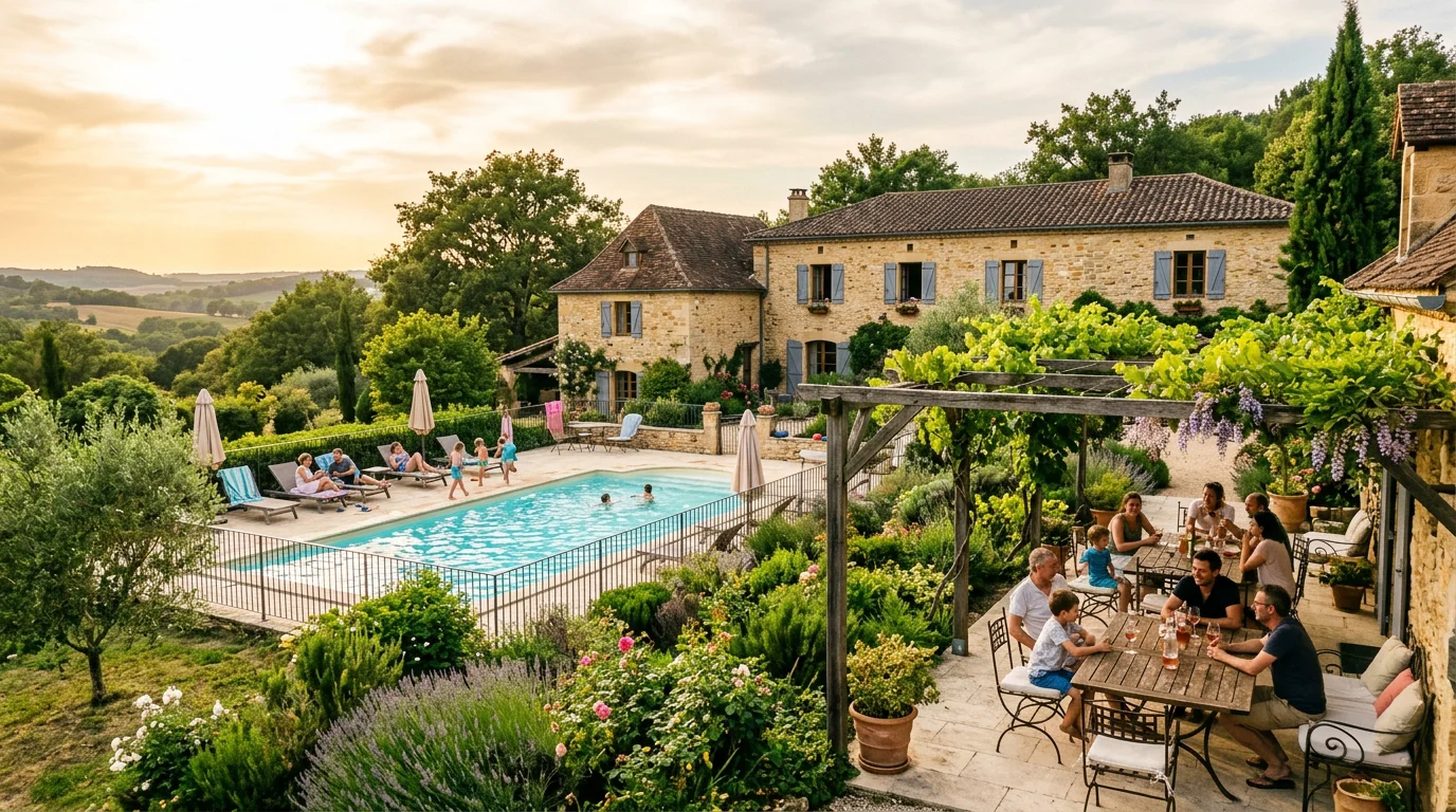 Domaine de gîtes en pierre du Périgord Noir avec piscine en été