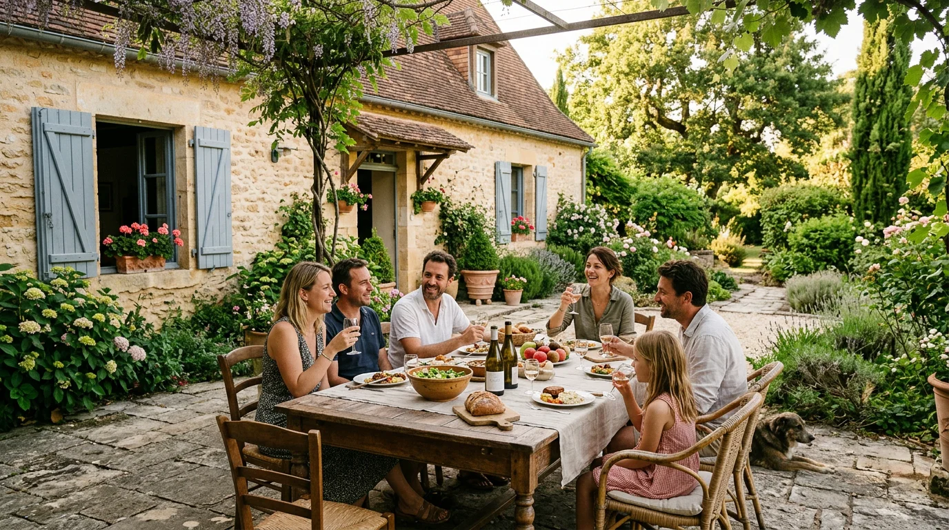 Gîte en pierre du Périgord avec jardin en été