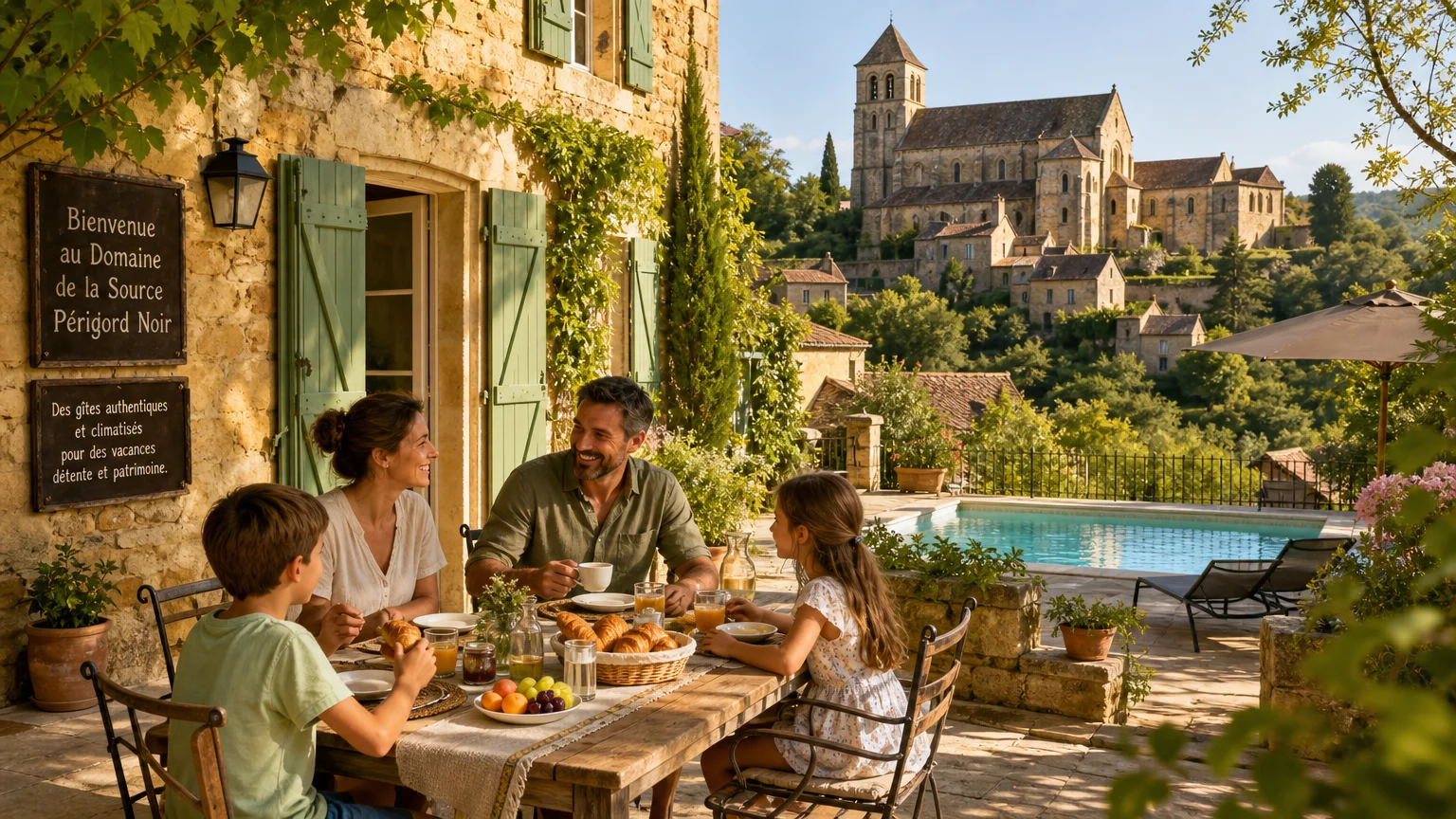 Cour d'un gîte en pierre avec piscine au sel près de Sarlat en Périgord Noir