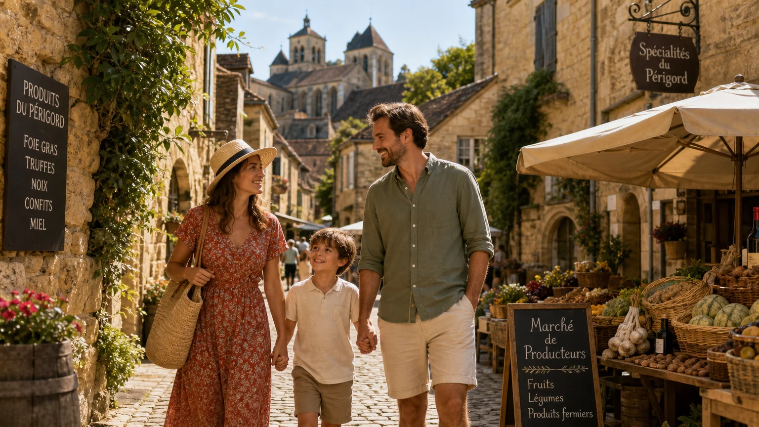Famille se promenant sur le marché médiéval de Sarlat-la-Canéda en Périgord Noir