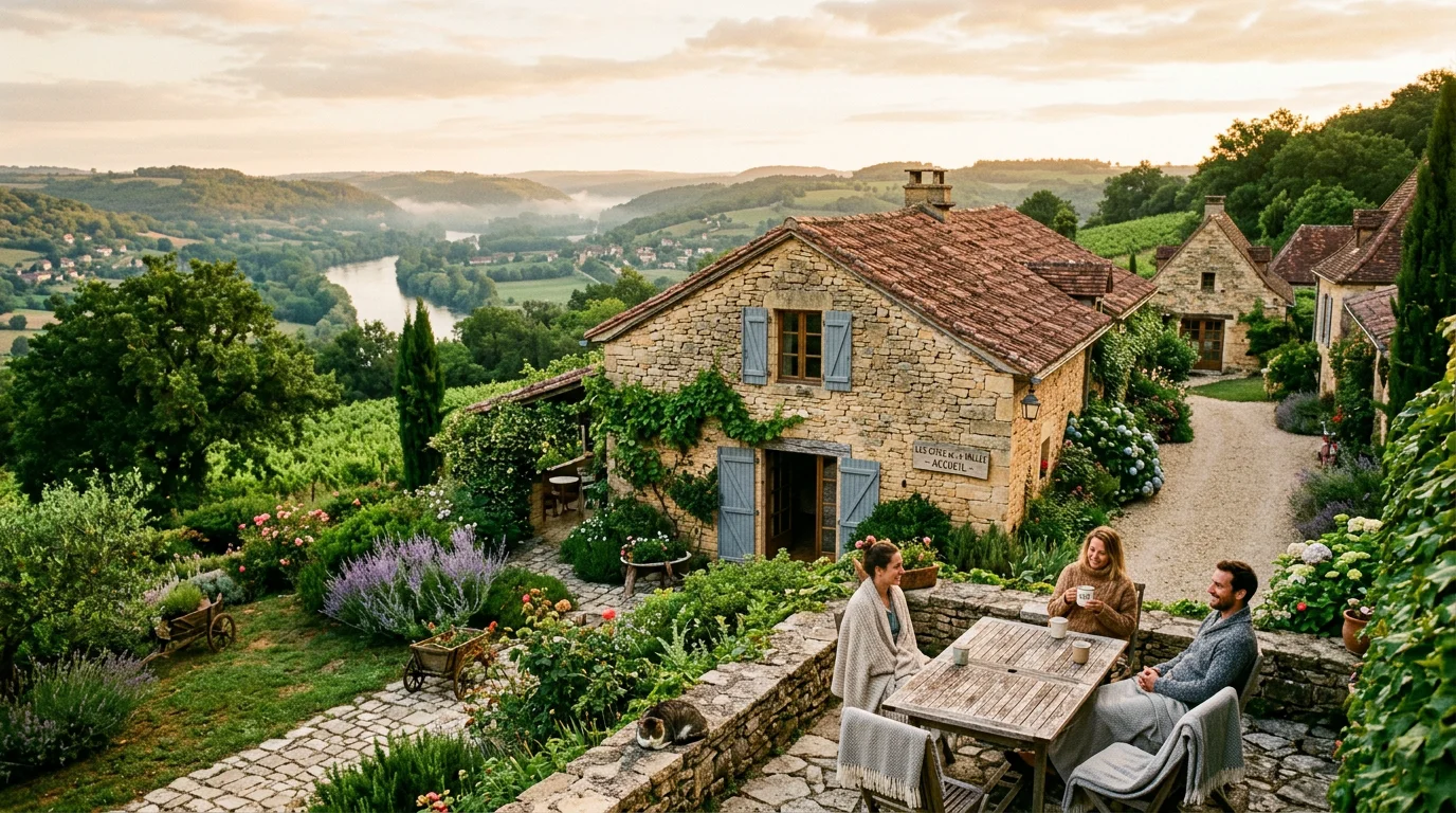 Gîte en pierre au cœur du Périgord en Dordogne au lever du jour