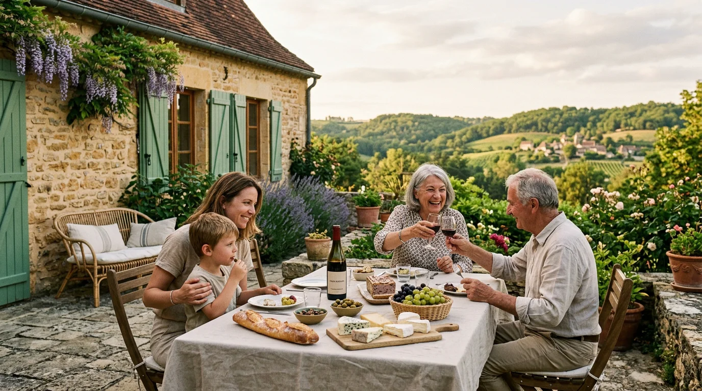 Famille profitant de la terrasse d'un gîte en pierre en Dordogne
