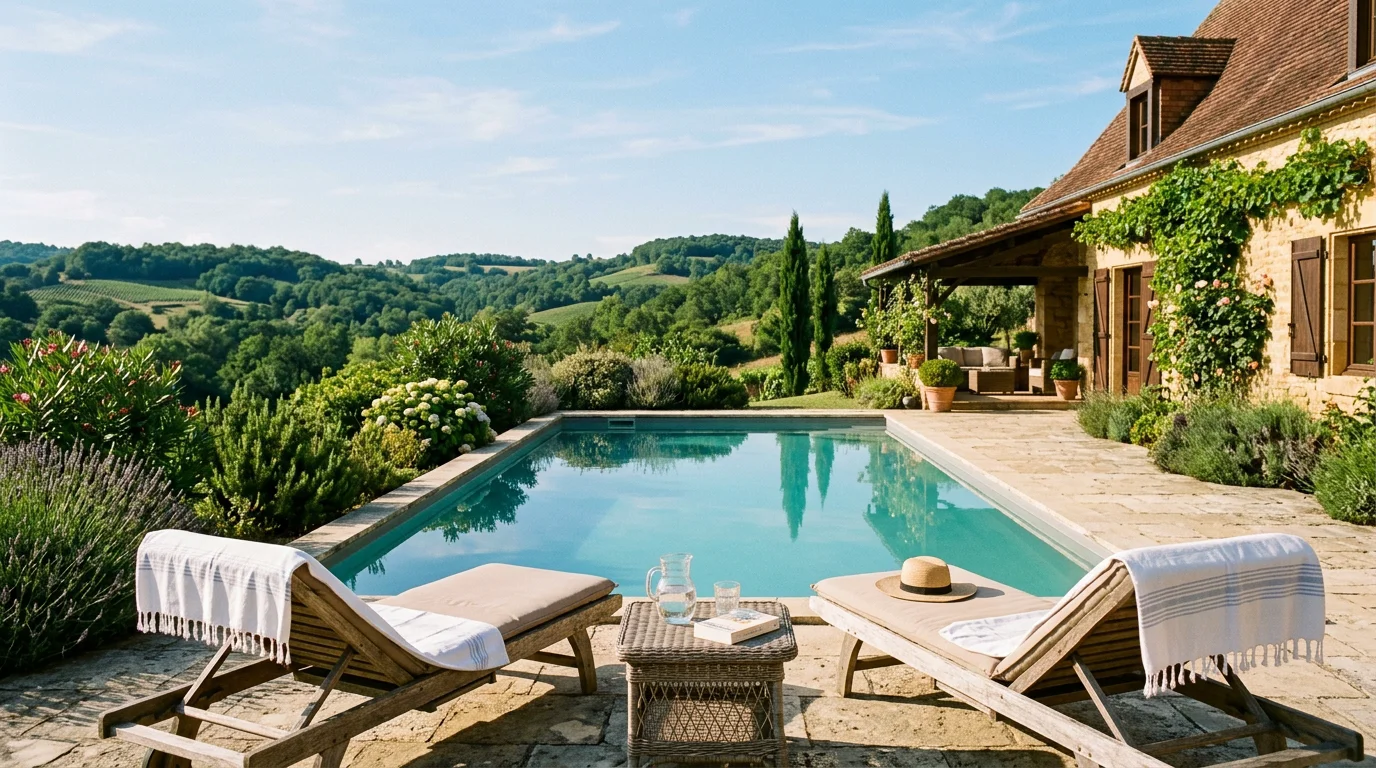 Piscine d'un gîte de vacances en Périgord Noir au coucher du soleil