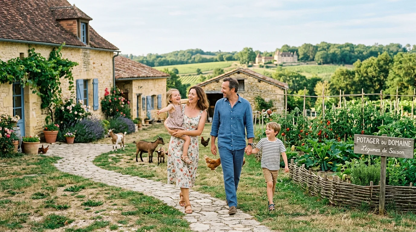 Famille en vacances près d'une ferme pédagogique en Dordogne