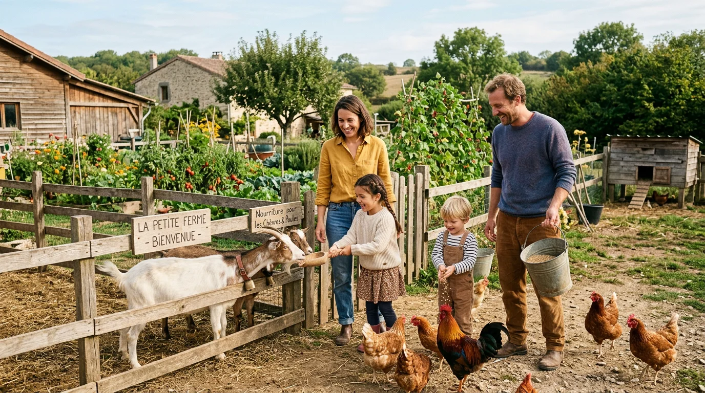 Famille visitant une ferme pédagogique en Dordogne avec chèvres et poules