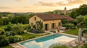 Gîte en pierre en Dordogne au coucher du soleil avec piscine et clocher médiéval