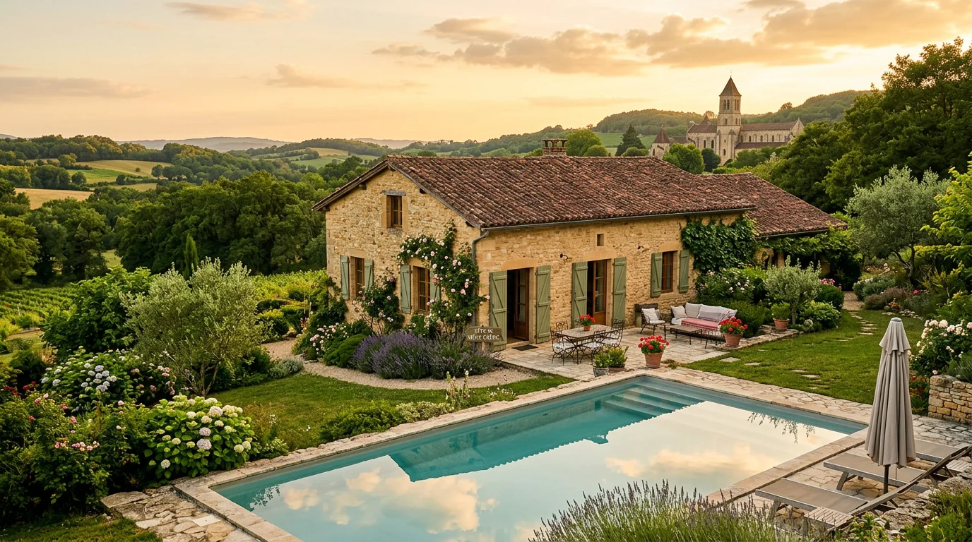 Gîte en pierre en Dordogne au coucher du soleil avec piscine et clocher médiéval