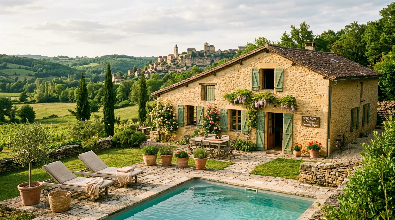 Gîte en pierre en Dordogne avec piscine et village médiéval en arrière-plan
