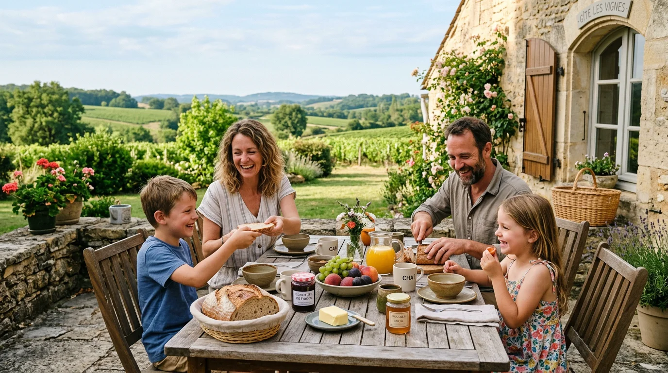 Famille prenant le petit-déjeuner sur la terrasse d'un gîte en Dordogne