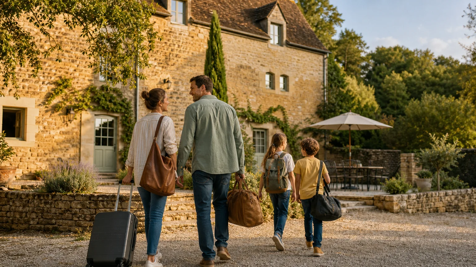 Famille arrivant dans une maison en pierre du Périgord Noir