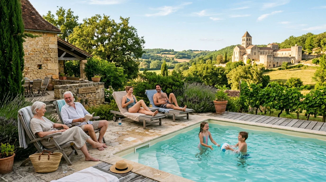 Famille détendue près d'une piscine au sel dans un gîte du Périgord Noir