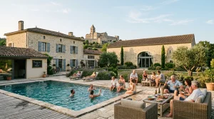 Grand domaine en pierre du Périgord avec piscine et groupe de vacanciers