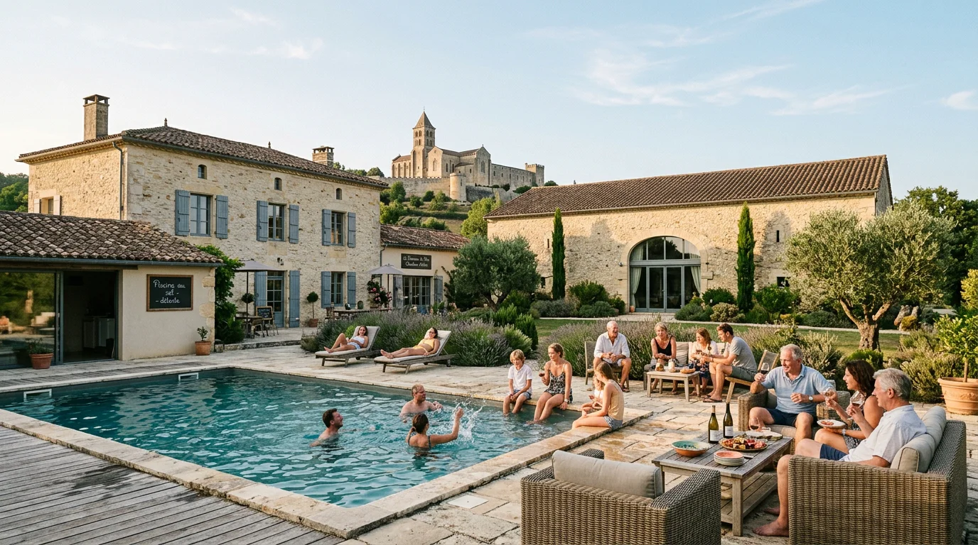 Grand domaine en pierre du Périgord avec piscine et groupe de vacanciers