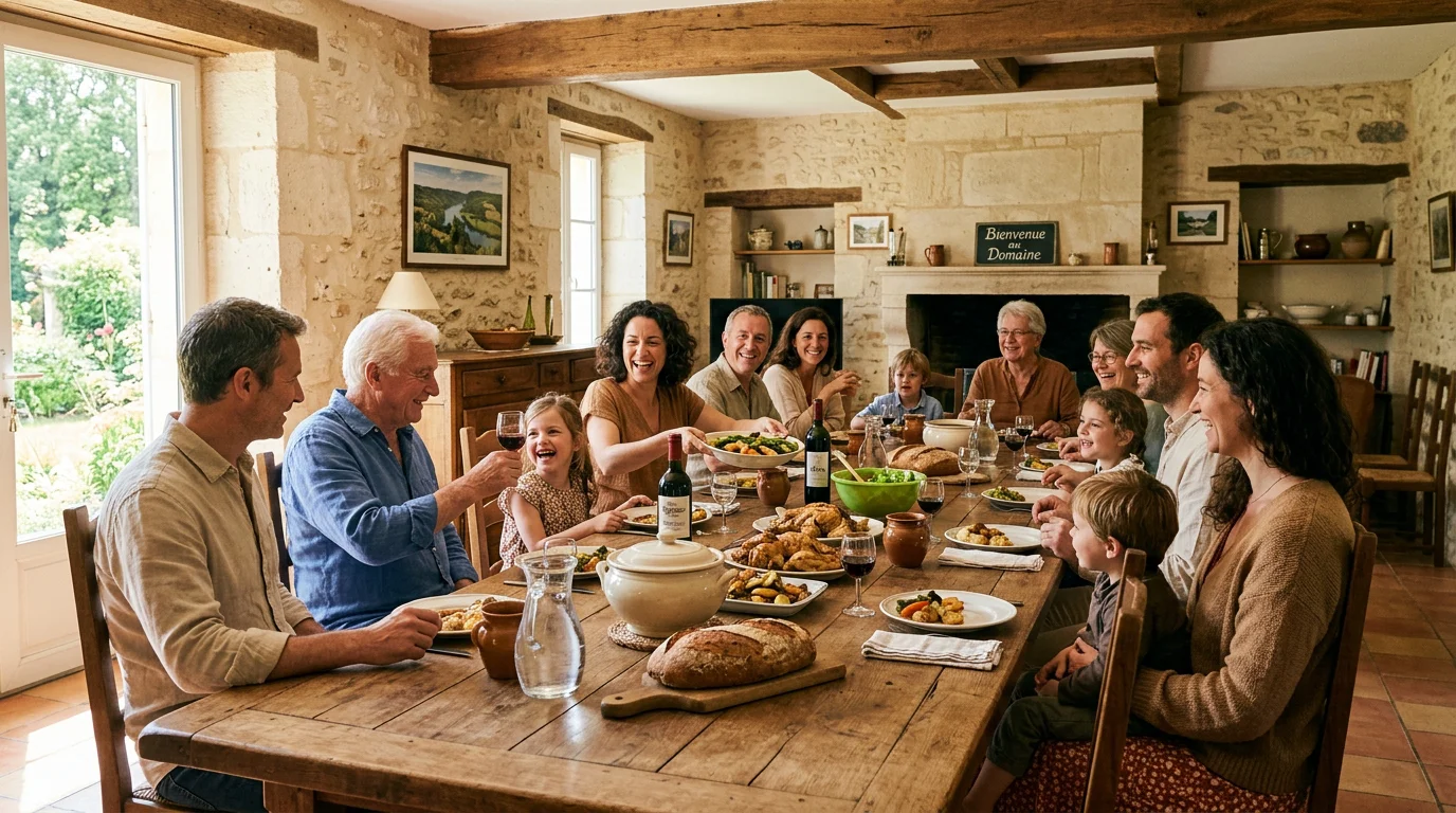 Groupe réuni autour d'une grande table dans un gîte périgourdin rénové