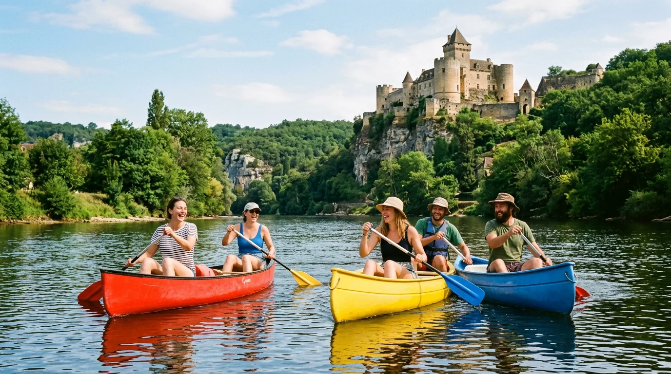 Groupe en canoë sur la Dordogne avec un château en arrière-plan