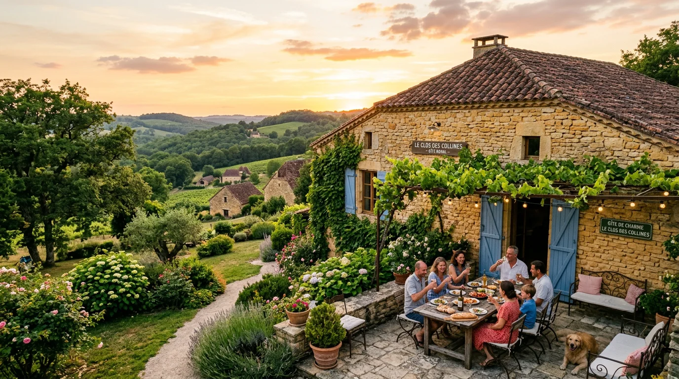 Gîte en pierre dorée du Périgord Noir au coucher du soleil