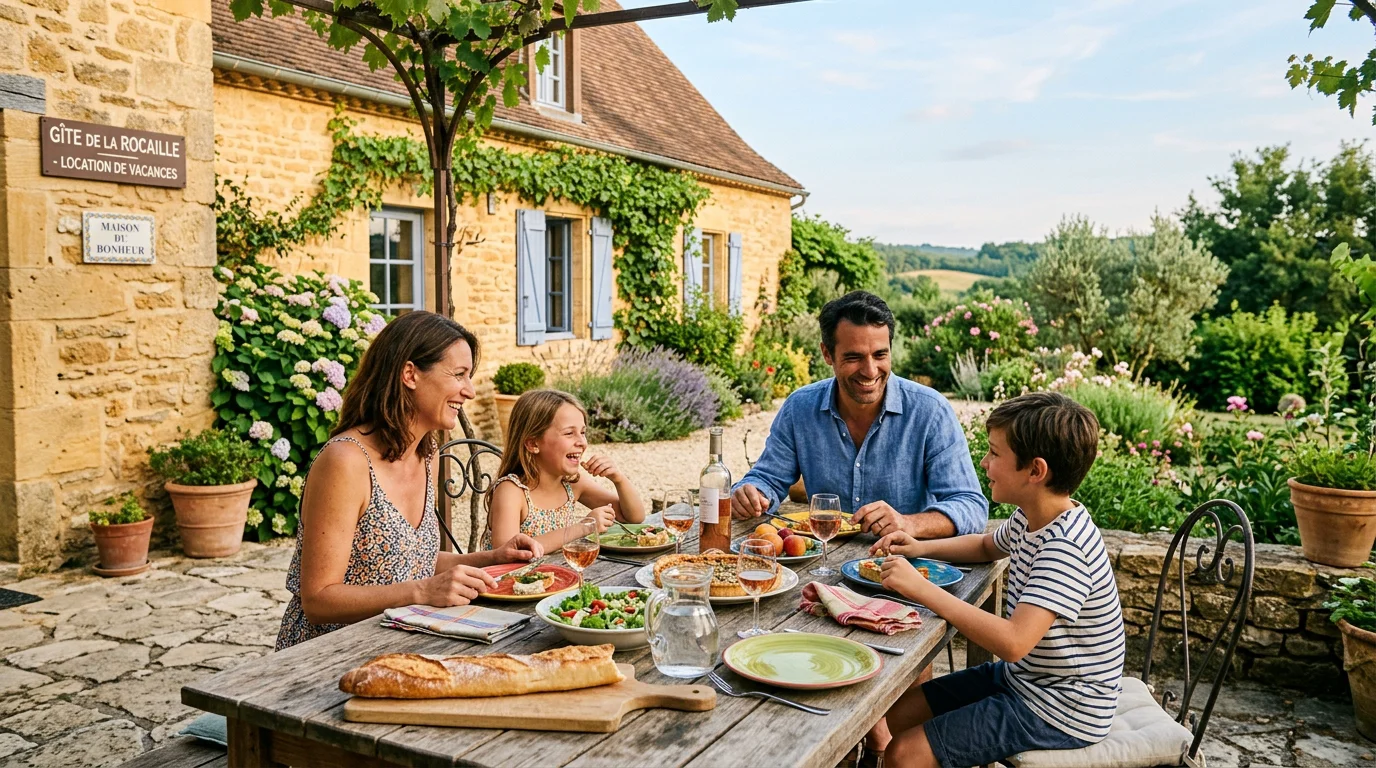 Famille profitant de la terrasse d'un gîte en pierre en Dordogne