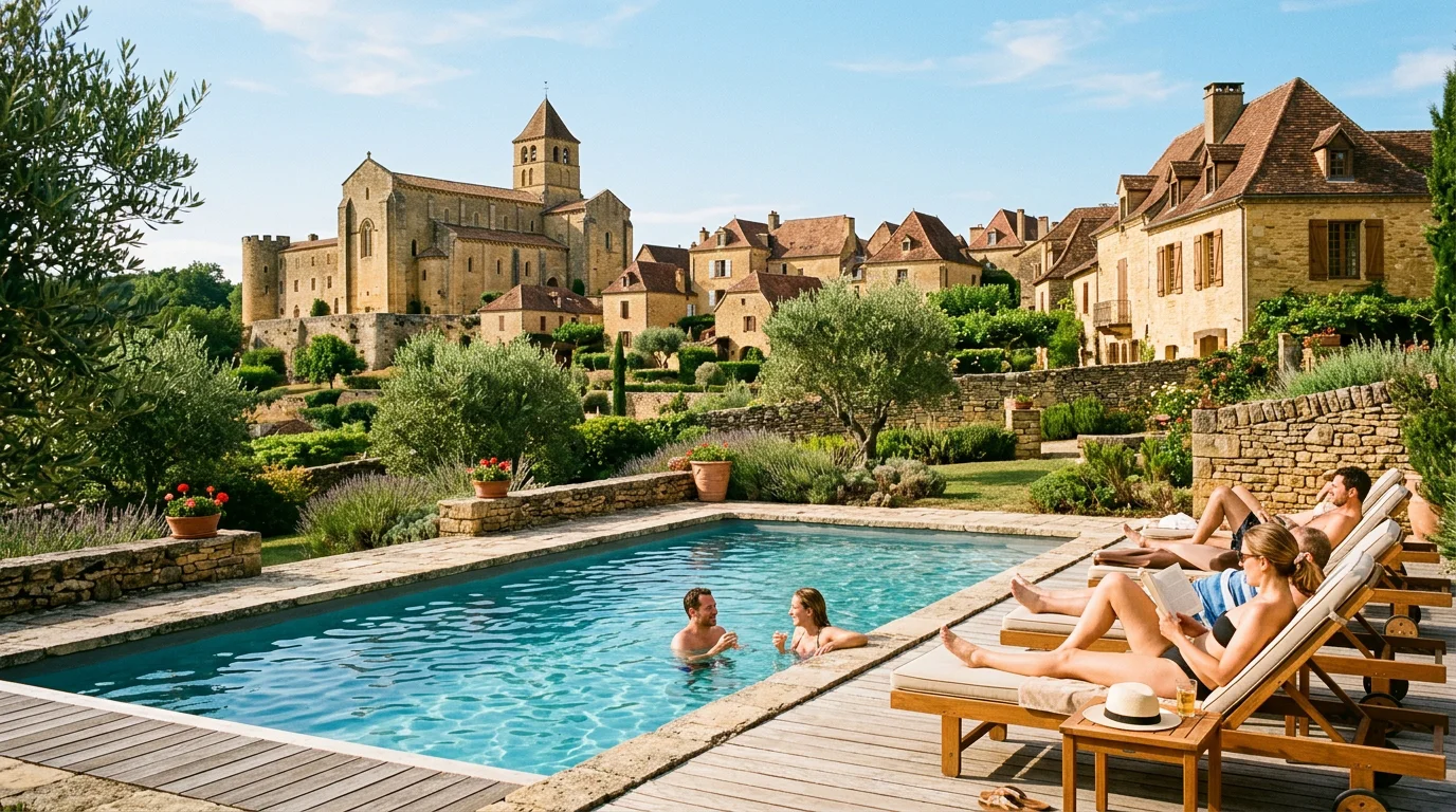 Piscine au sel d'un gîte avec vue sur un village en pierre du Périgord
