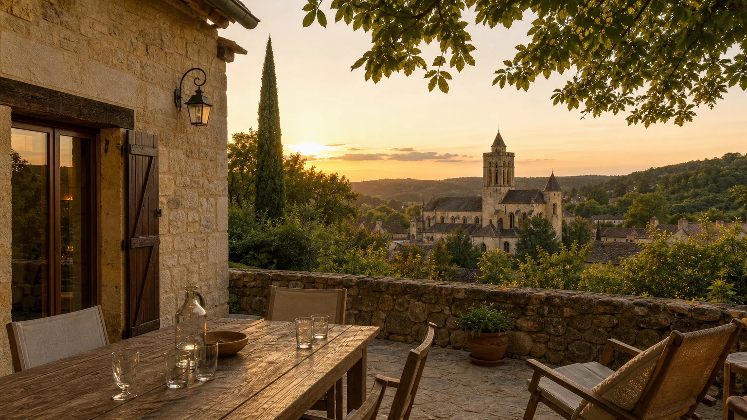 Terrasse d’un gîte avec vue sur l’abbatiale de Saint-Cyprien au coucher du soleil