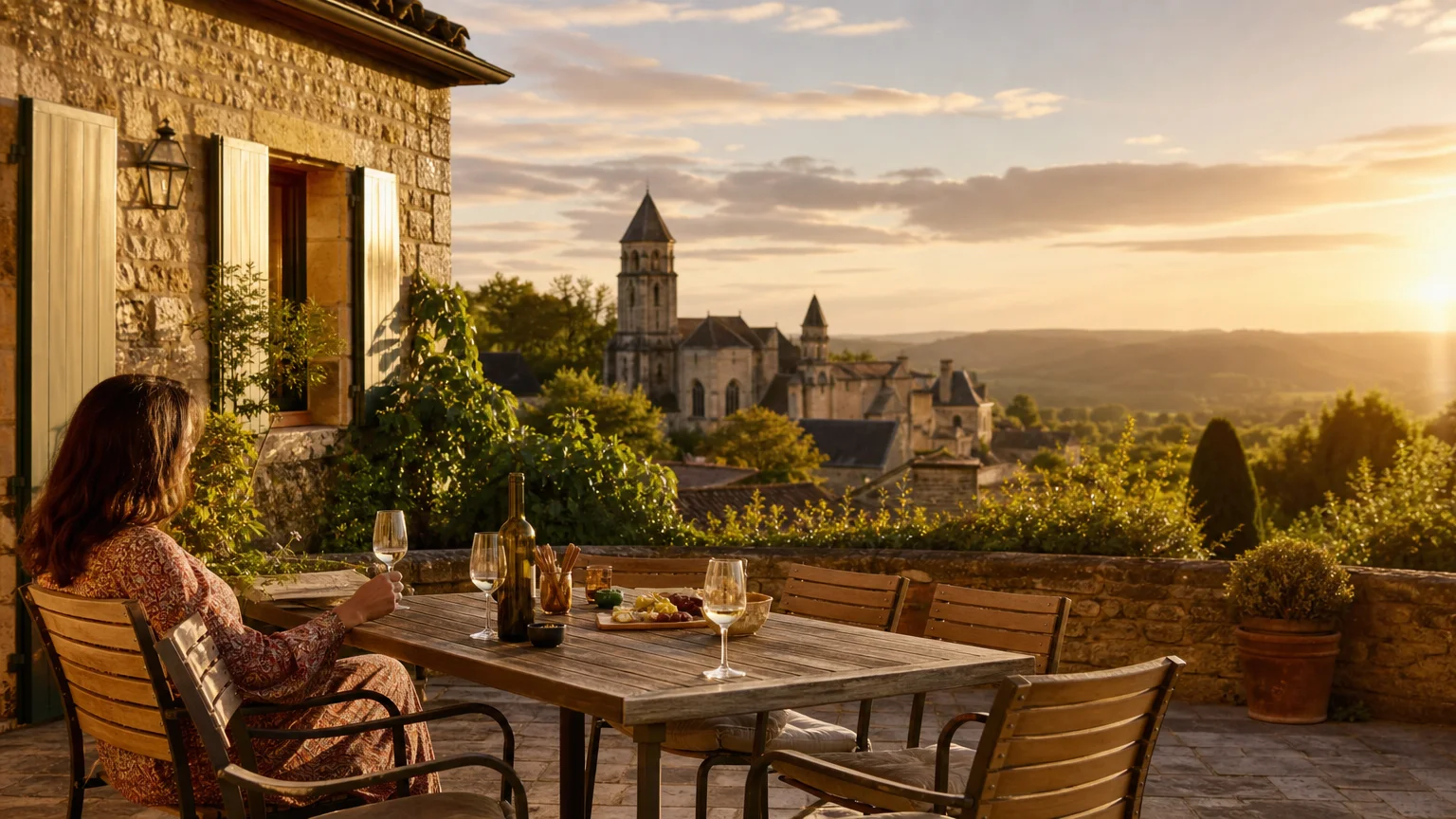 Terrasse d’un gîte avec vue sur l’abbatiale de Saint-Cyprien au coucher du soleil